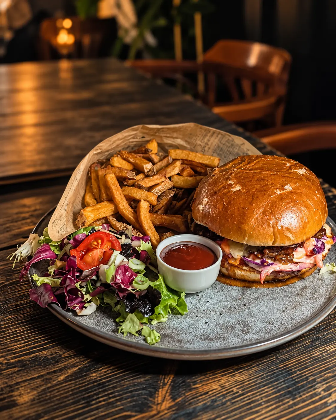 Burger accompagné de frites et d’une salade fraîche au Barrio Chicago